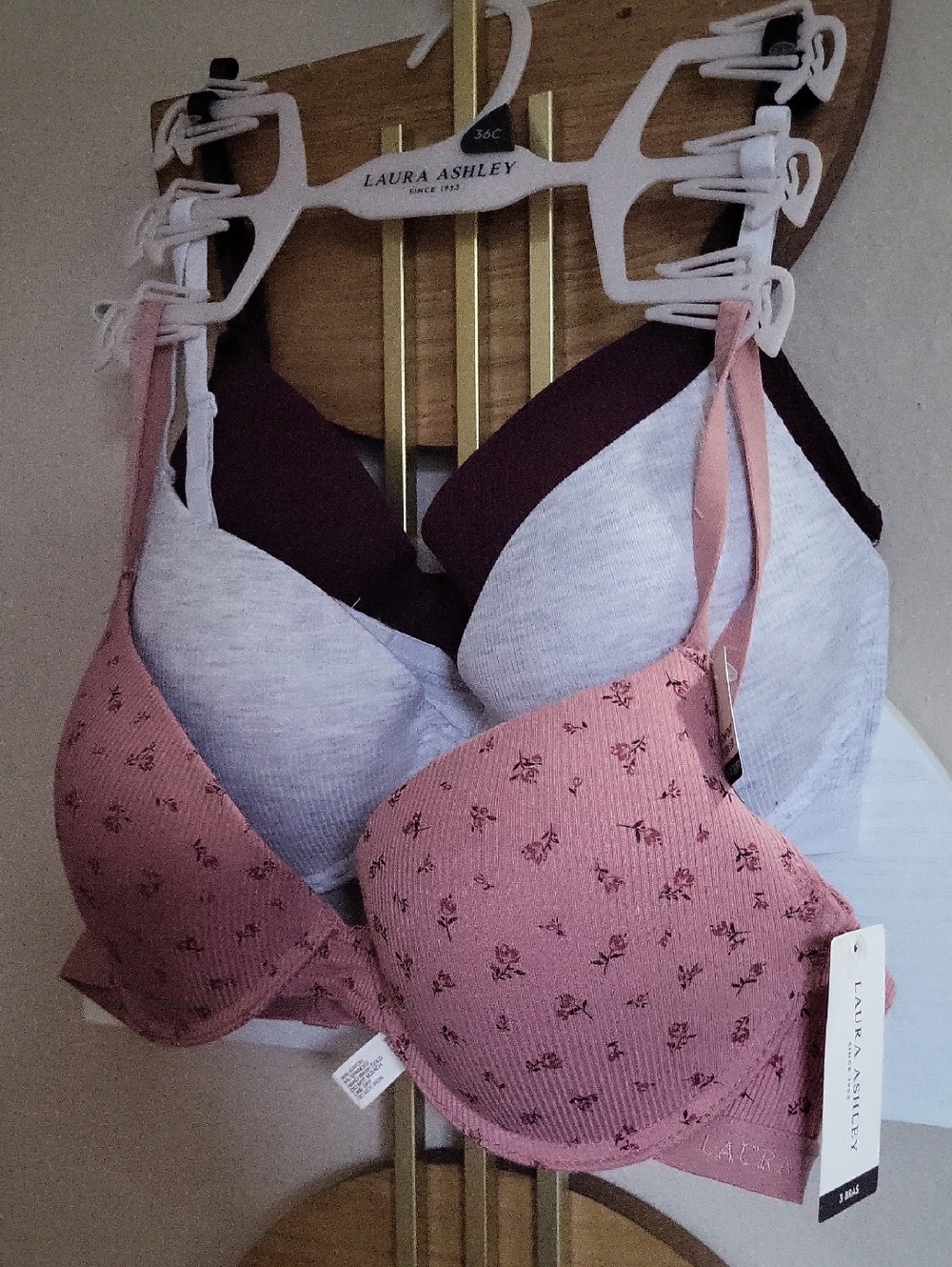 Laura Ashley Light Heather Gray , Deep Burgundy, Pink Padded Bra Duo NEW 36C